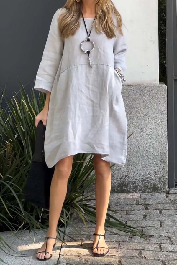 💞Lässiges einfarbiges Kleid aus Baumwolle und Leinen