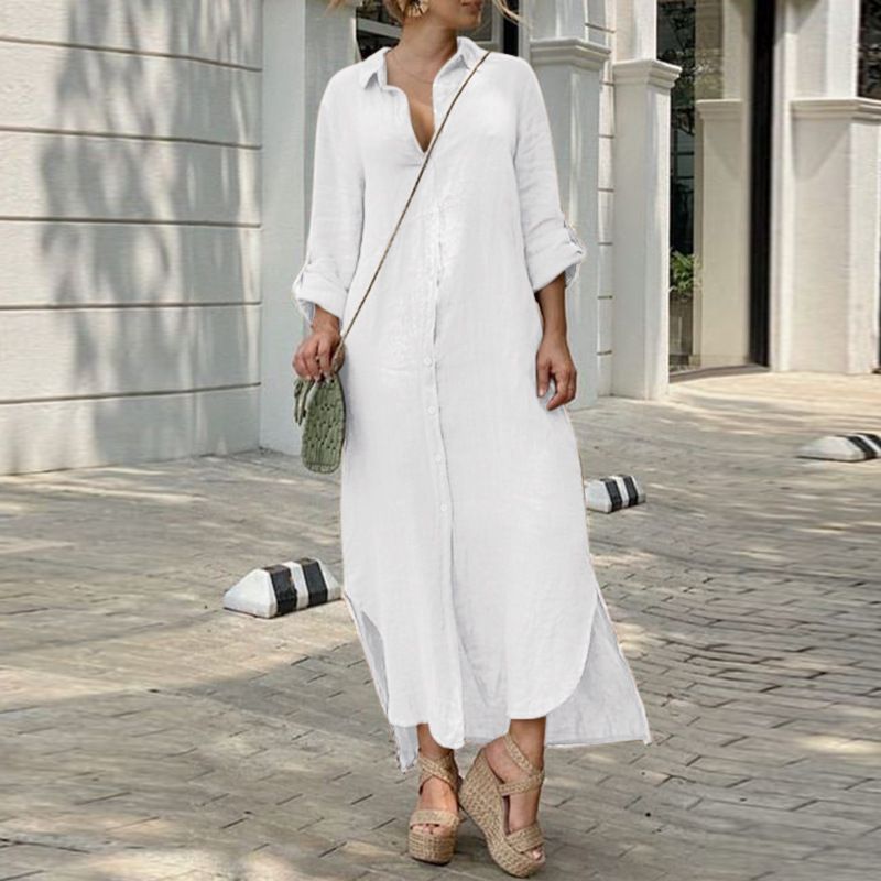 Frauen-Casual-Baumwoll-Leinen-Shirt-Style-Knopf-Kleid