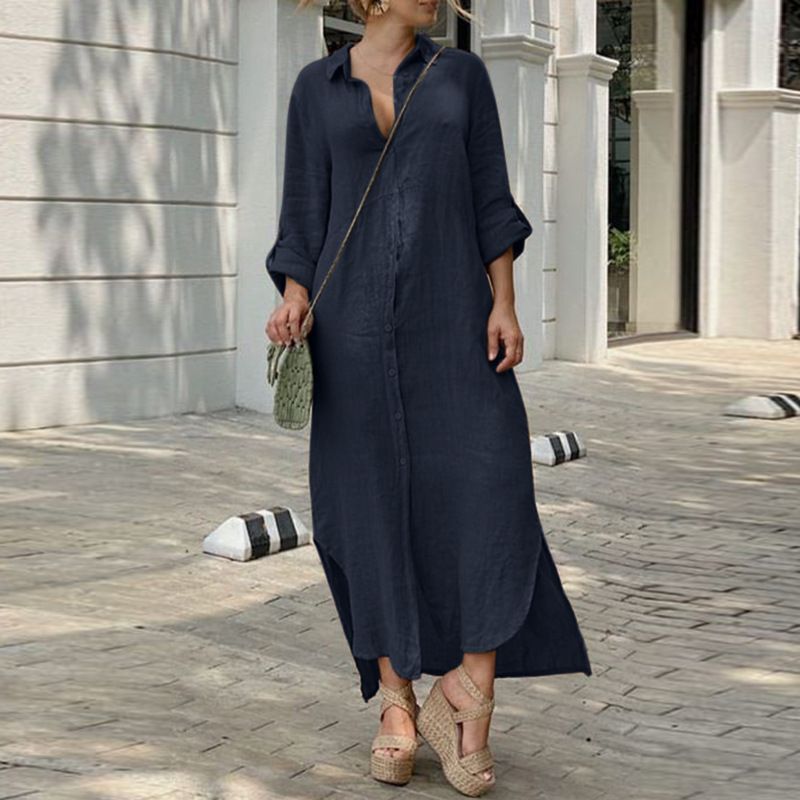 Frauen-Casual-Baumwoll-Leinen-Shirt-Style-Knopf-Kleid