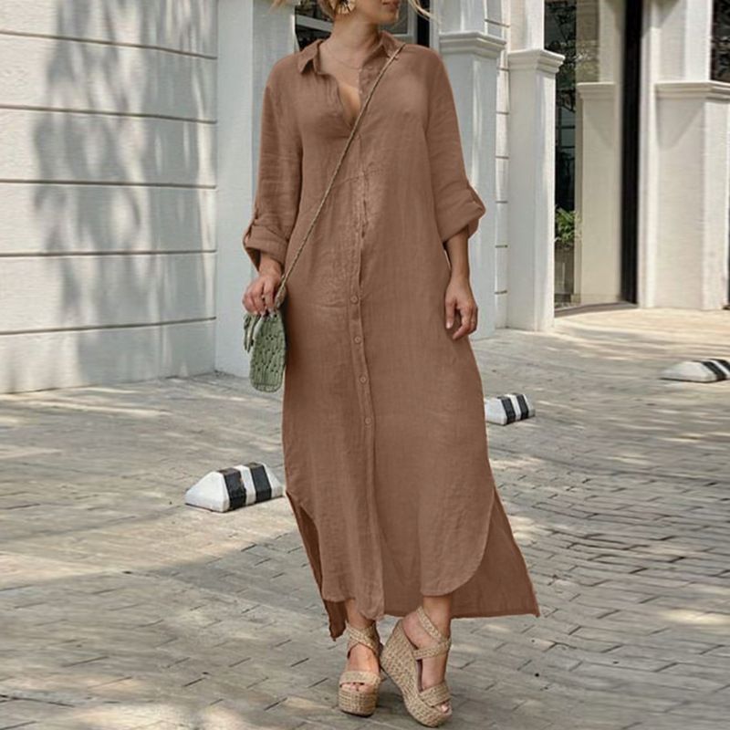 Frauen-Casual-Baumwoll-Leinen-Shirt-Style-Knopf-Kleid