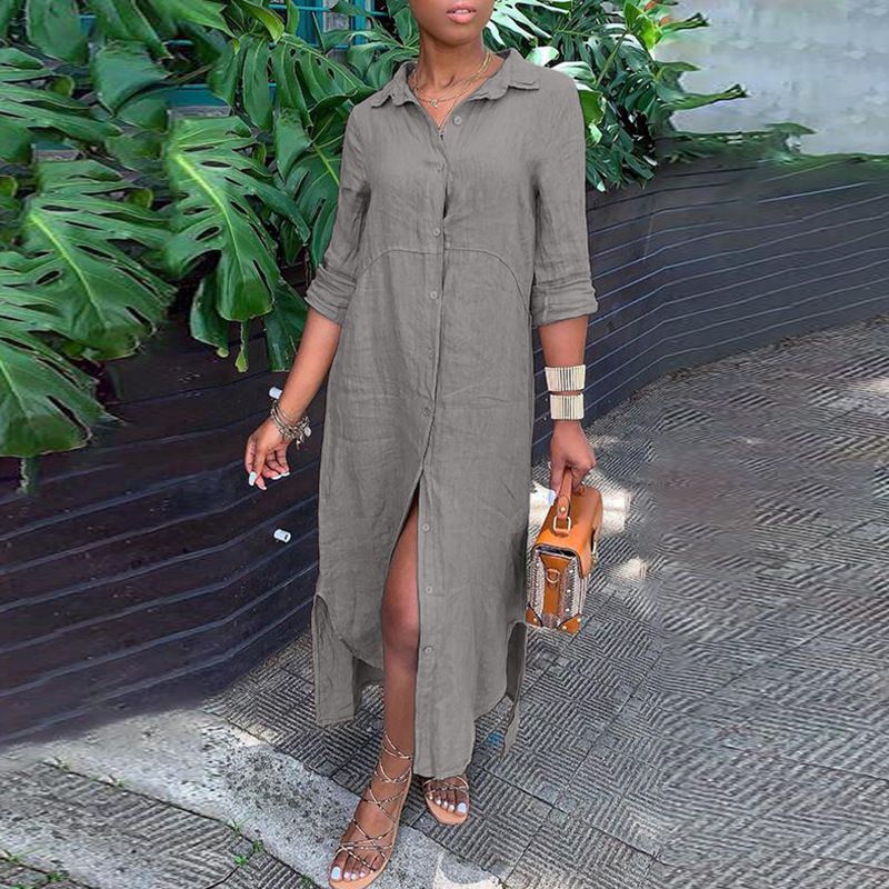 Frauen-Casual-Baumwoll-Leinen-Shirt-Style-Knopf-Kleid