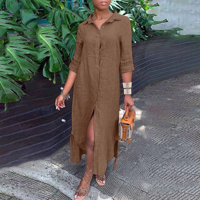 Frauen-Casual-Baumwoll-Leinen-Shirt-Style-Knopf-Kleid