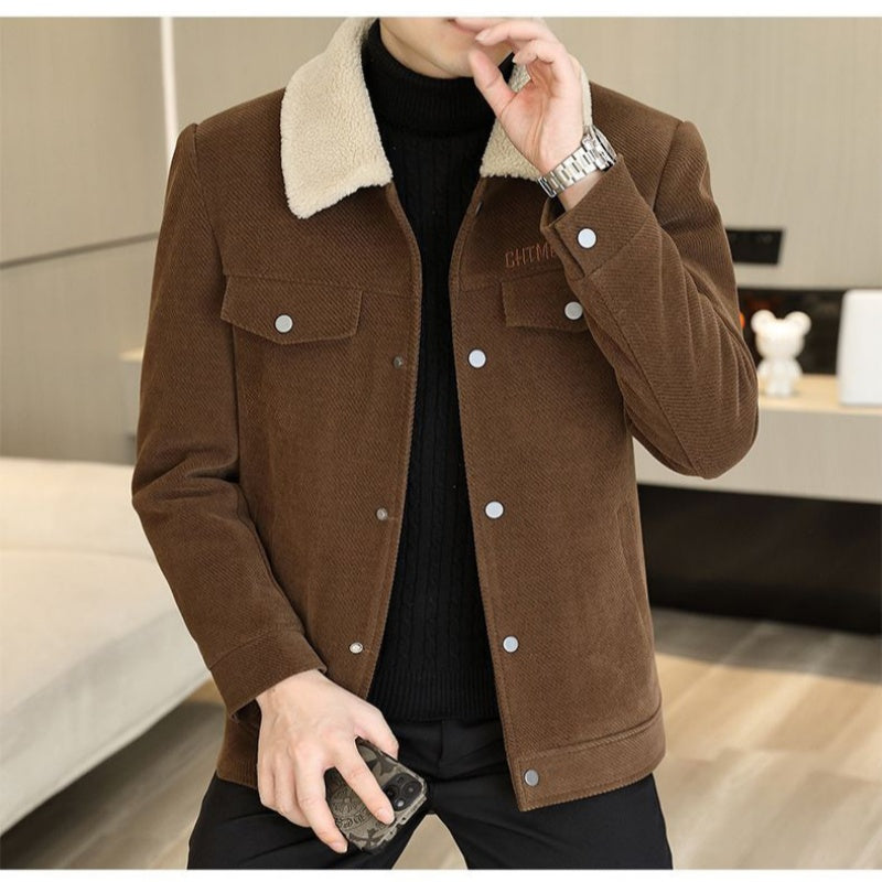 Modische einfarbige Herrenjacke mit Umlegekragen, Knopfleiste und dickem Futter
