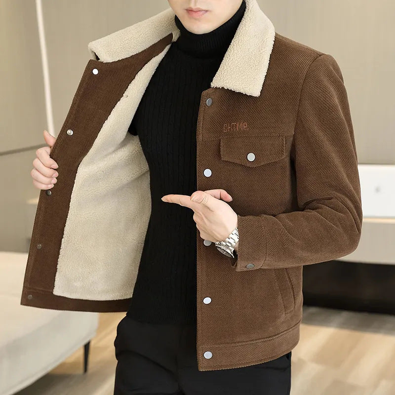 Modische einfarbige Herrenjacke mit Umlegekragen, Knopfleiste und dickem Futter
