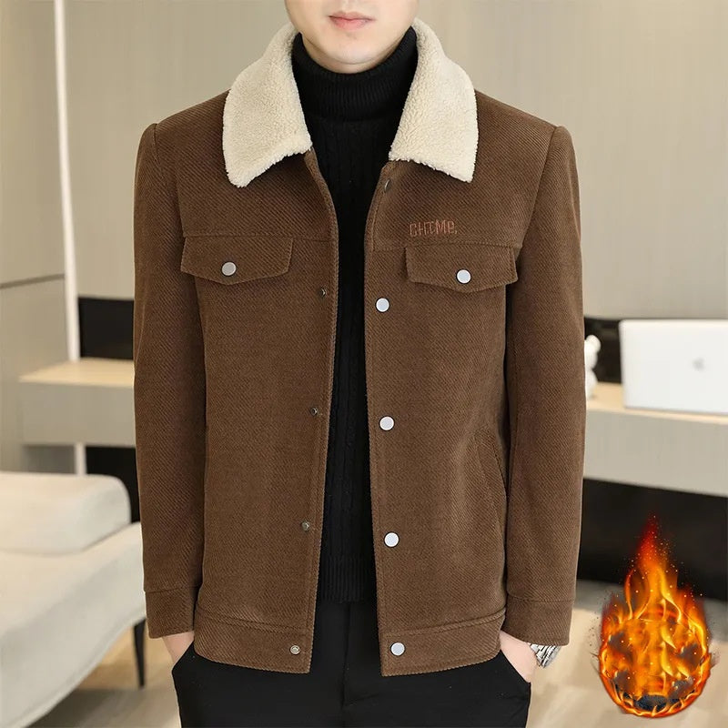 Modische einfarbige Herrenjacke mit Umlegekragen, Knopfleiste und dickem Futter