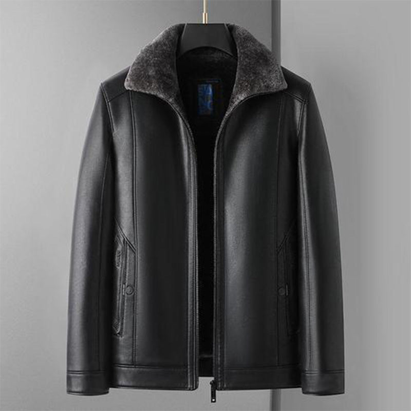 Warme Herrenjacke aus Kunstleder mit Plüsch-Revers