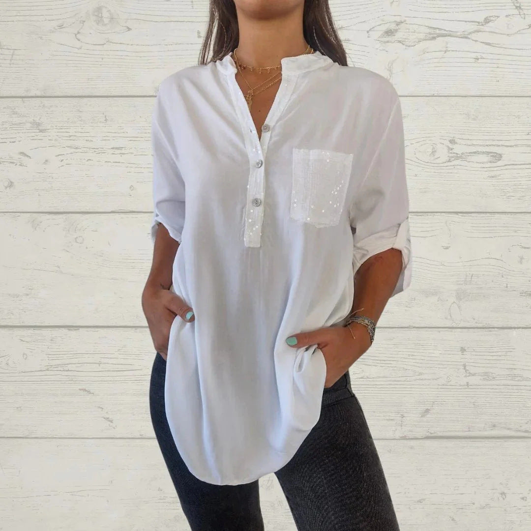 ⏳Zeitlich begrenzter Verkauf🌸Pailletten-Patchwork-Shirt mit V-Ausschnitt für Damen