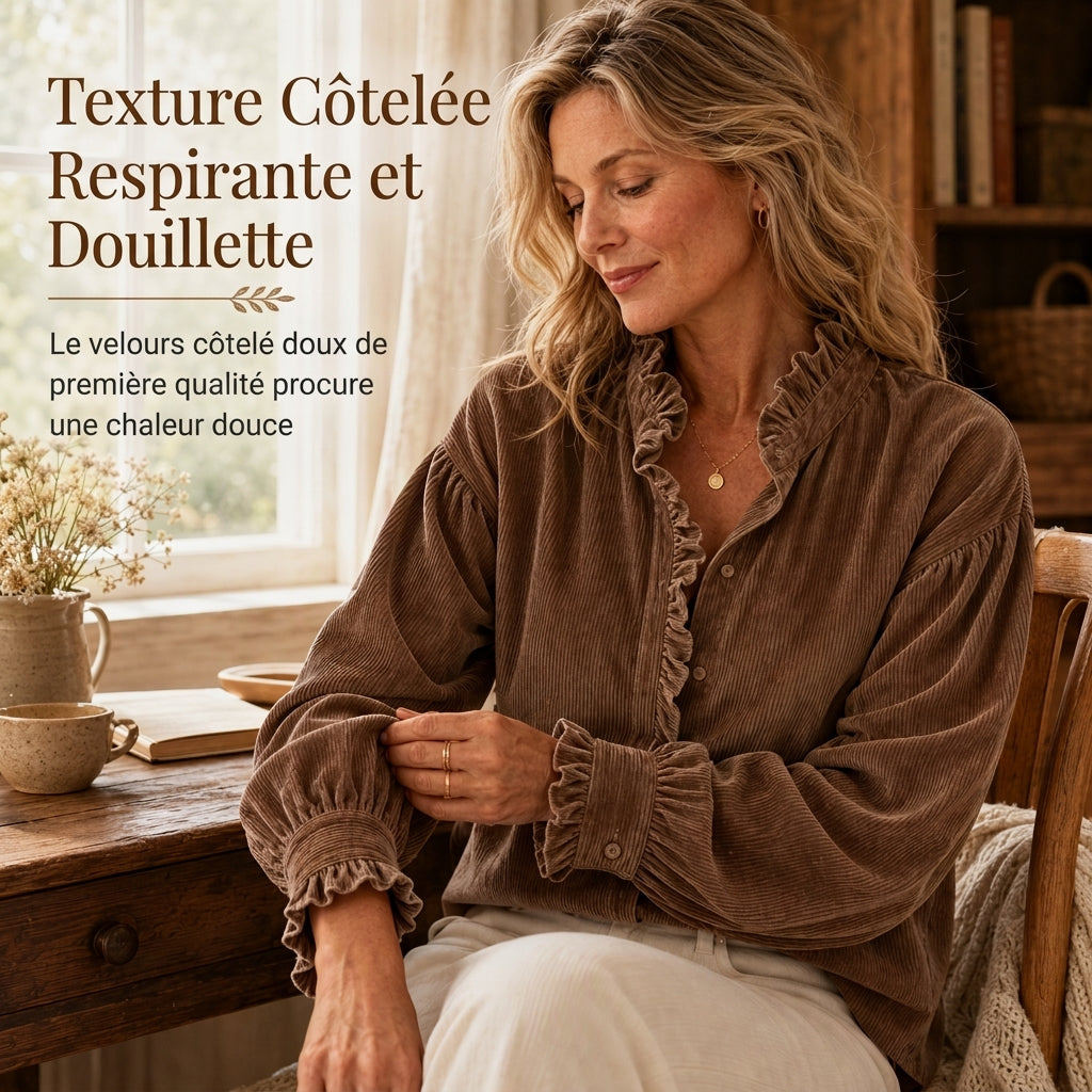 Blouse vintage en velours côtelé pour femme avec col à volants et manches longues bouffantes