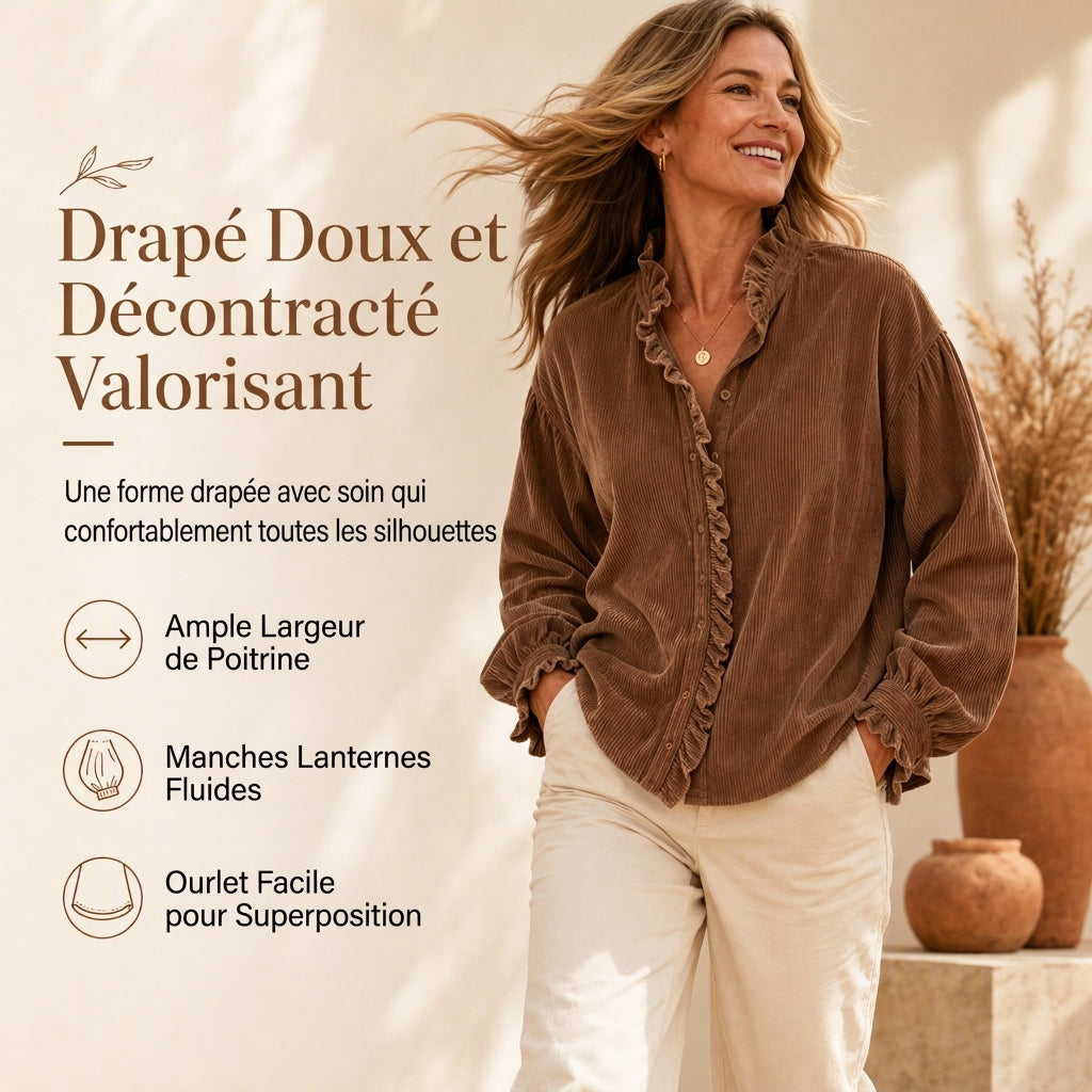 Blouse vintage en velours côtelé pour femme avec col à volants et manches longues bouffantes