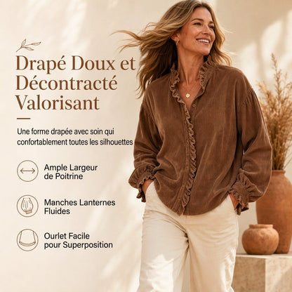 Blouse vintage en velours côtelé pour femme avec col à volants et manches longues bouffantes