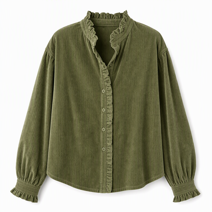 Blouse vintage en velours côtelé pour femme avec col à volants et manches longues bouffantes