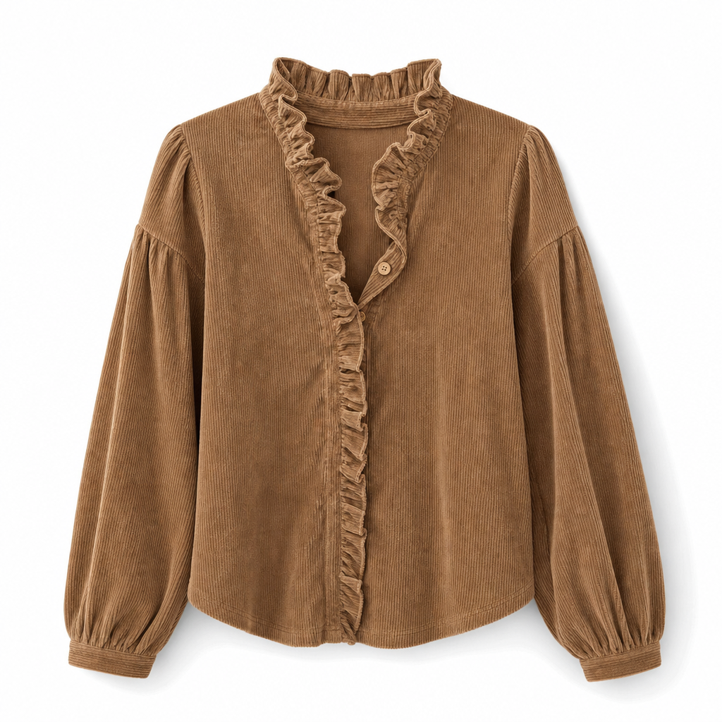 Blouse vintage en velours côtelé pour femme avec col à volants et manches longues bouffantes