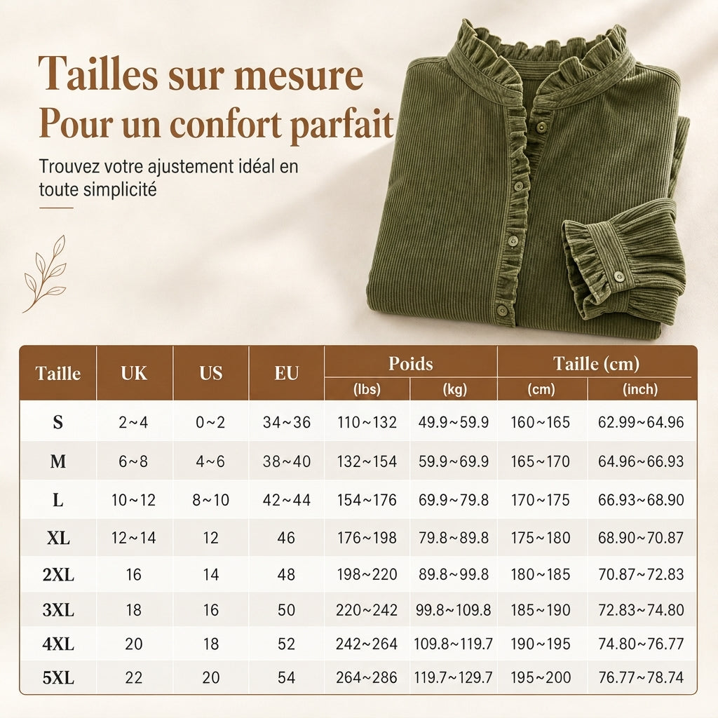 Blouse vintage en velours côtelé pour femme avec col à volants et manches longues bouffantes