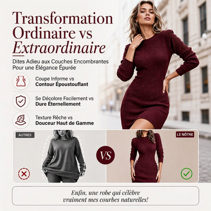 Robe moulante pour femme en maille côtelée à col rond